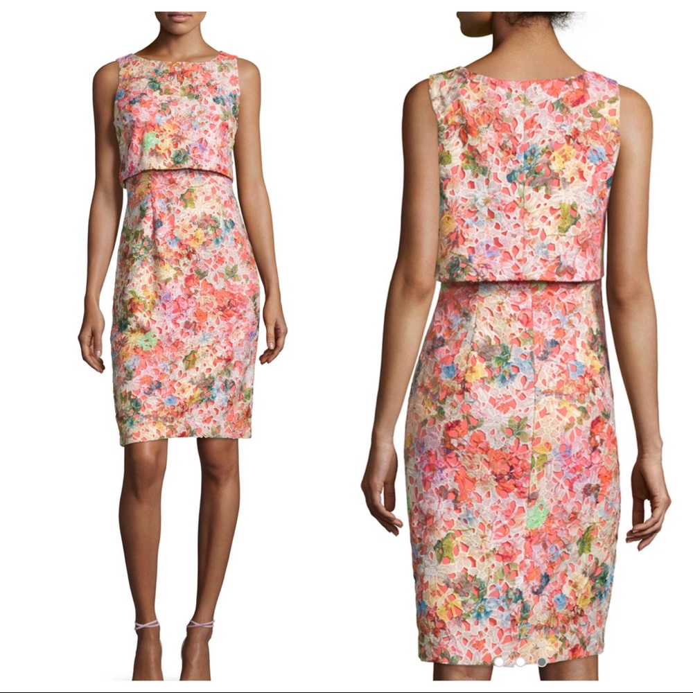 Badgley Mischka Floral Lace Sleeveless Popover Dress In Coral Multicolor Size 6 - Picture 1 of 8